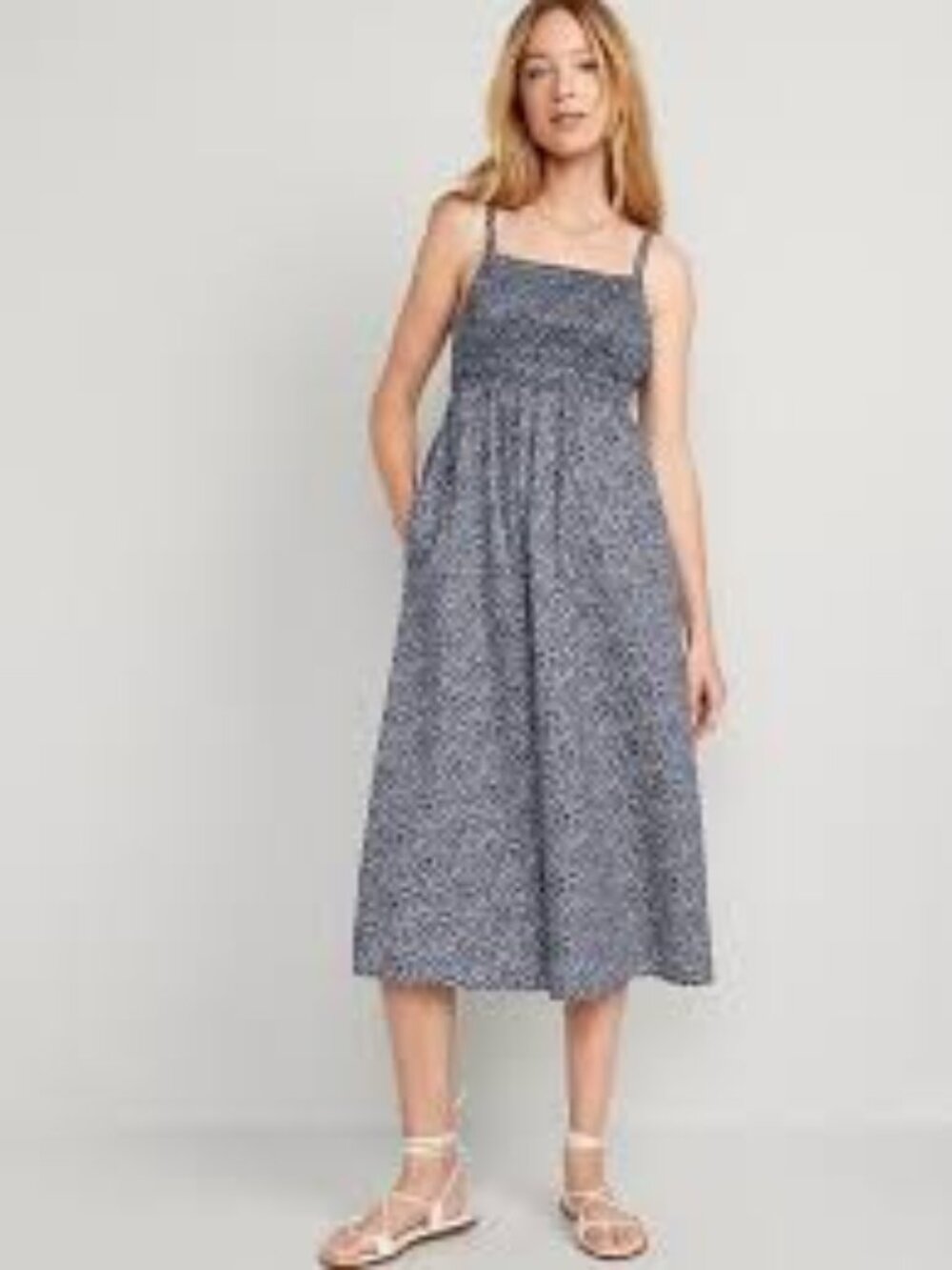 Fit & Flare Cotton-Poplin Smocked Cutout Cami Midi Dress